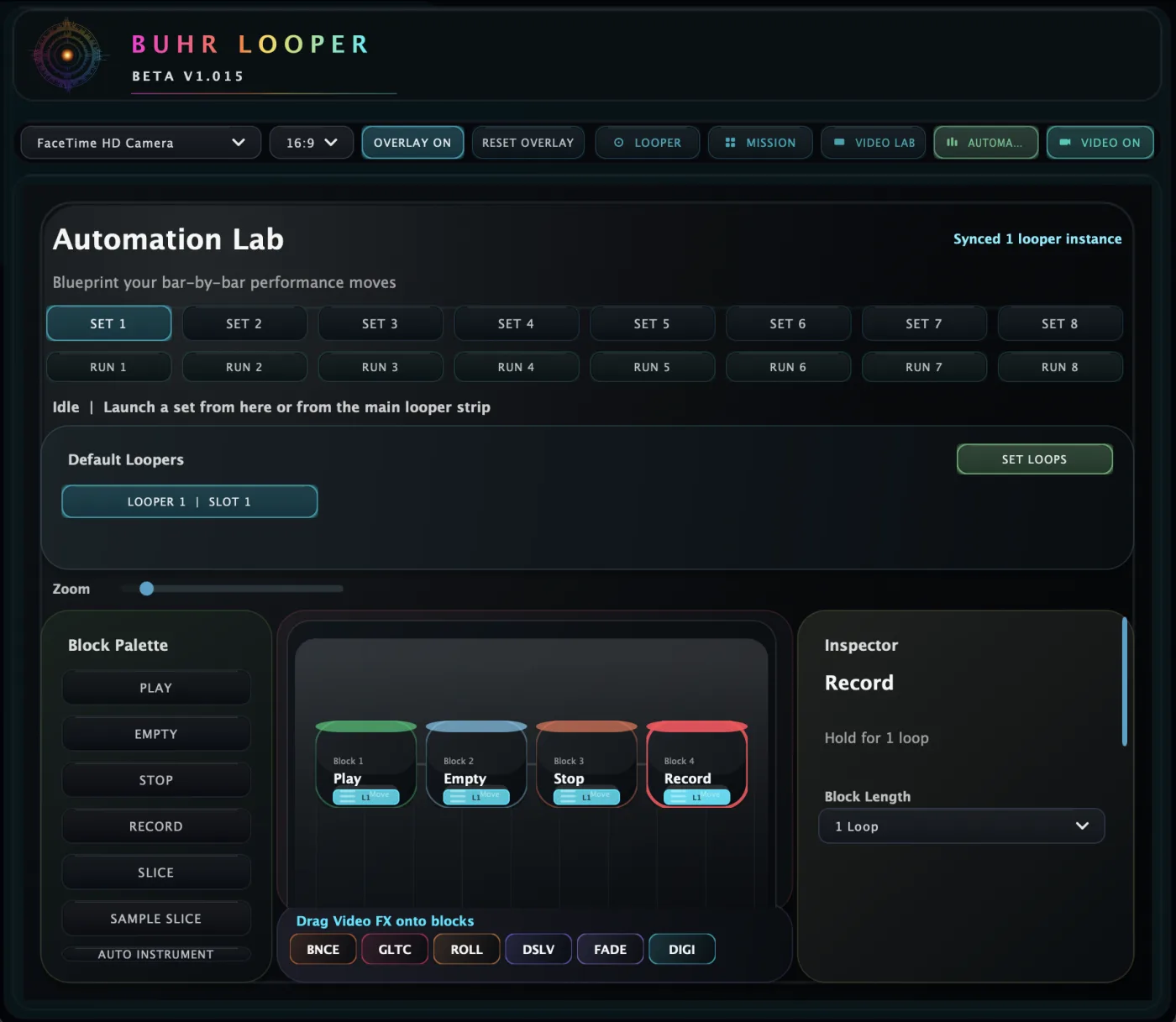 Buhr Looper Automation Lab — drag and drop blocks (Play, Empty, Stop, Record) onto a timeline with Video FX chips below