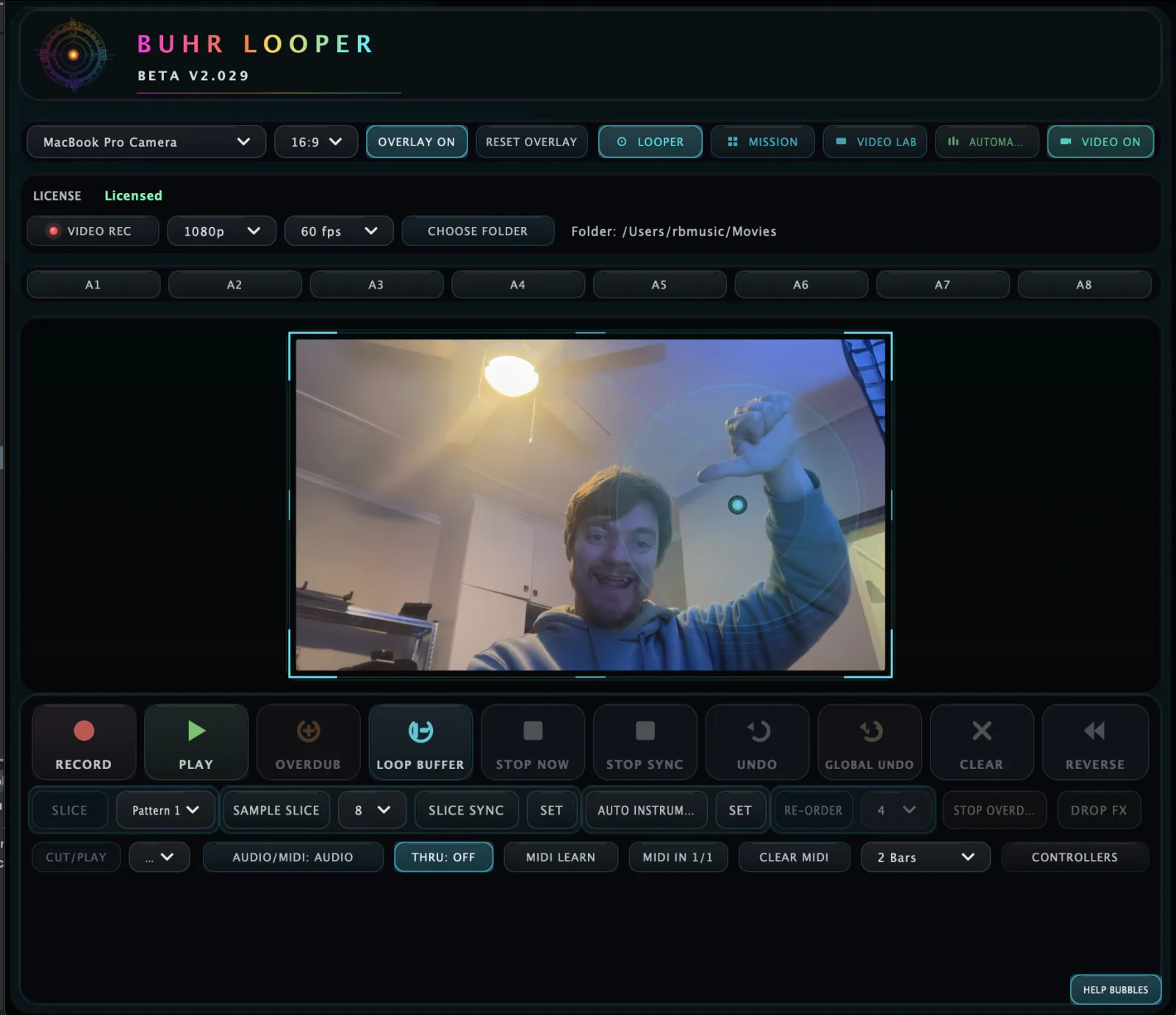 Buhr Looper plugin interface — Looper tab with live camera viewport, A1–A8 sample slots, transport row (Record, Play, Overdub, Loop Buffer) and Auto Instrument controls